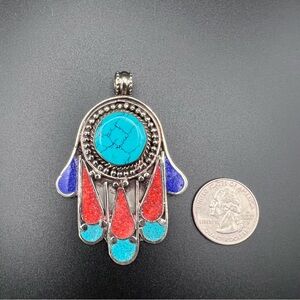 Tibetan Hamsa Hand Pendant: turquoise, coral, lapis